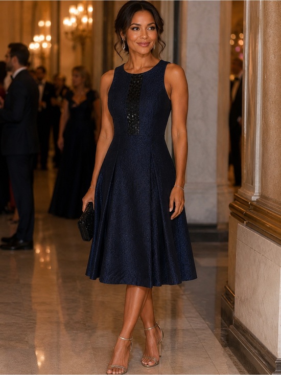 Carmen Marc Valvo Dresses & Skirts - Carmen Marc Valvo Navy Textured Cocktail Dress with Beaded Placket